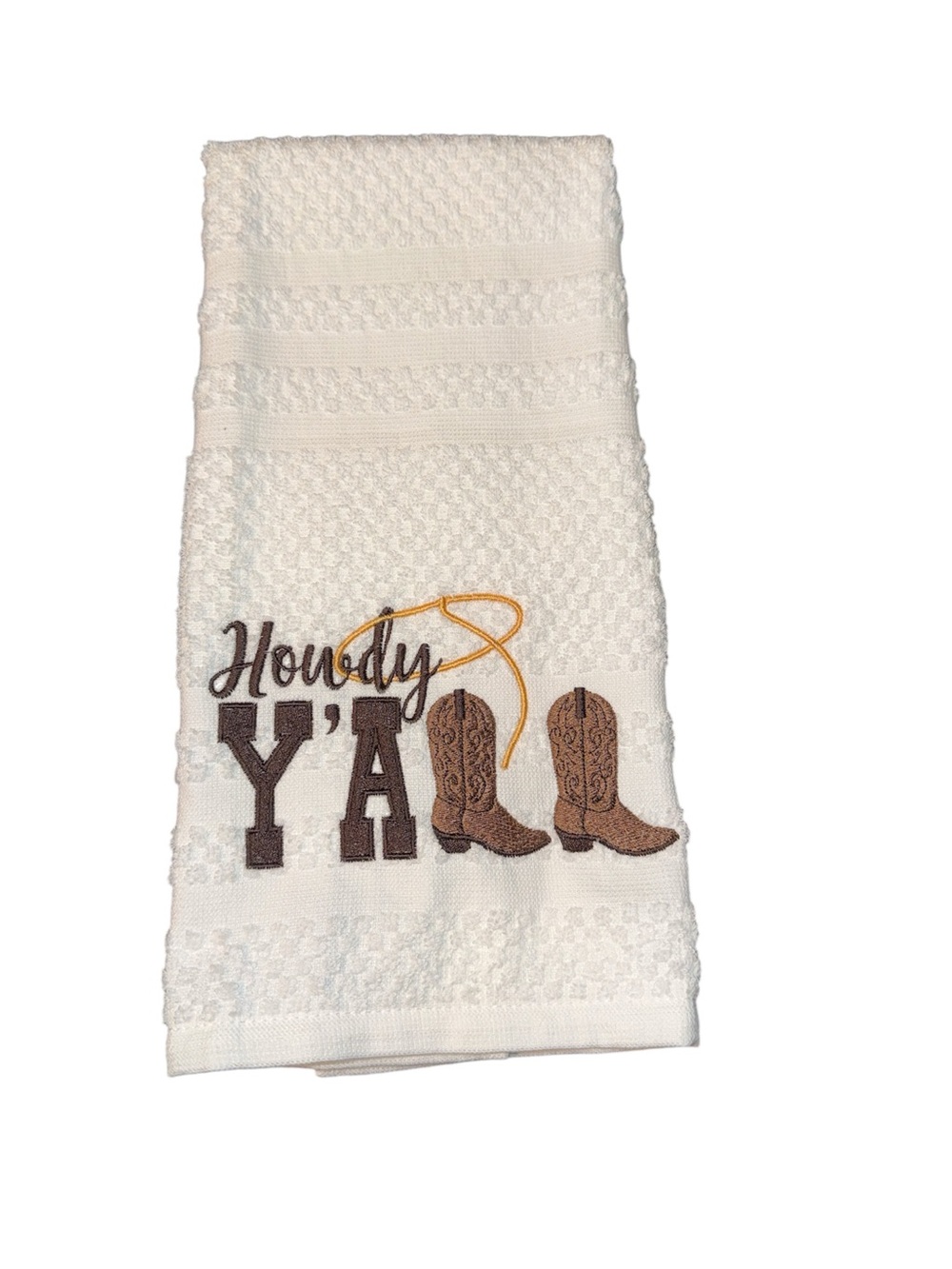 White 'Howdy Y'All' Embroidered Kitchen Towel with Brown Boots NWOT